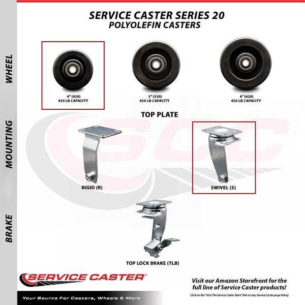 4 Inch Polyolefin Caster Set with Ball Bearings 2 Swivel 2 Rigid SCC